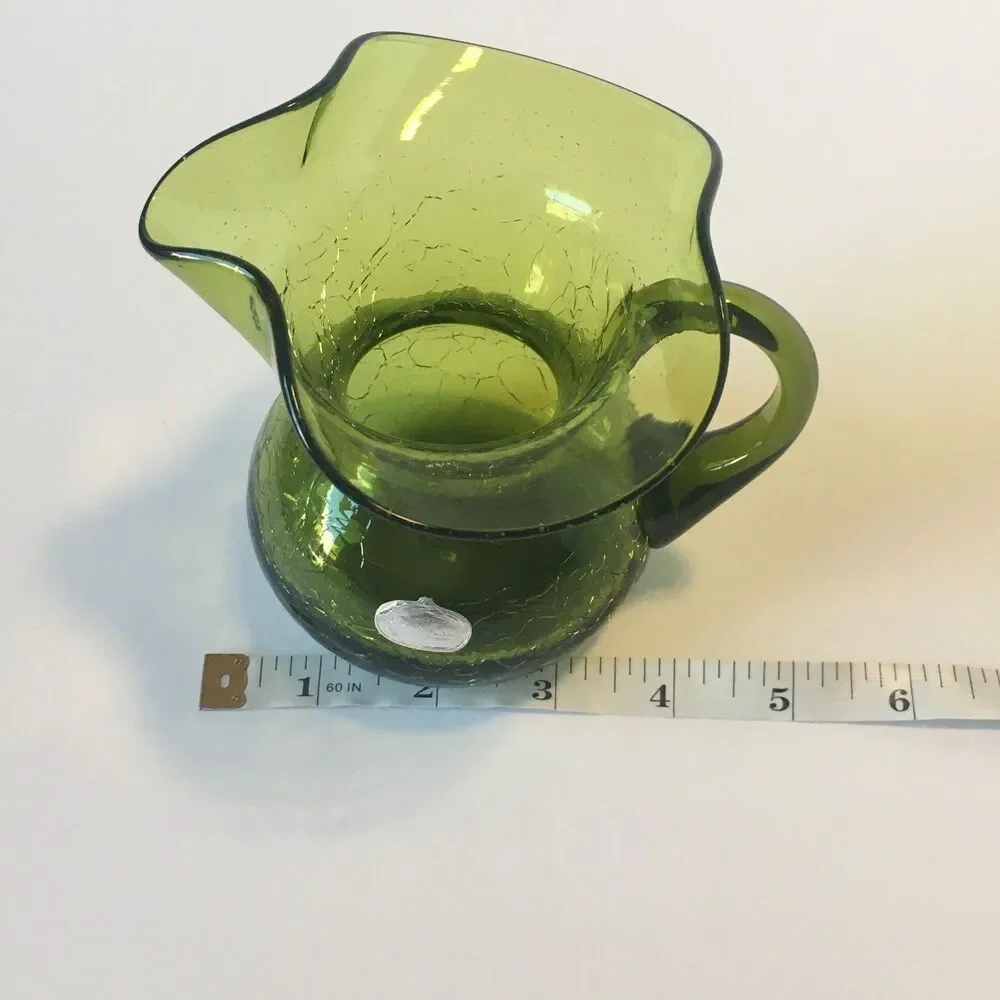 Vintage Rainbow Crackle Glass Pitcher Green Mid Century Art Glass Mini Pitcher